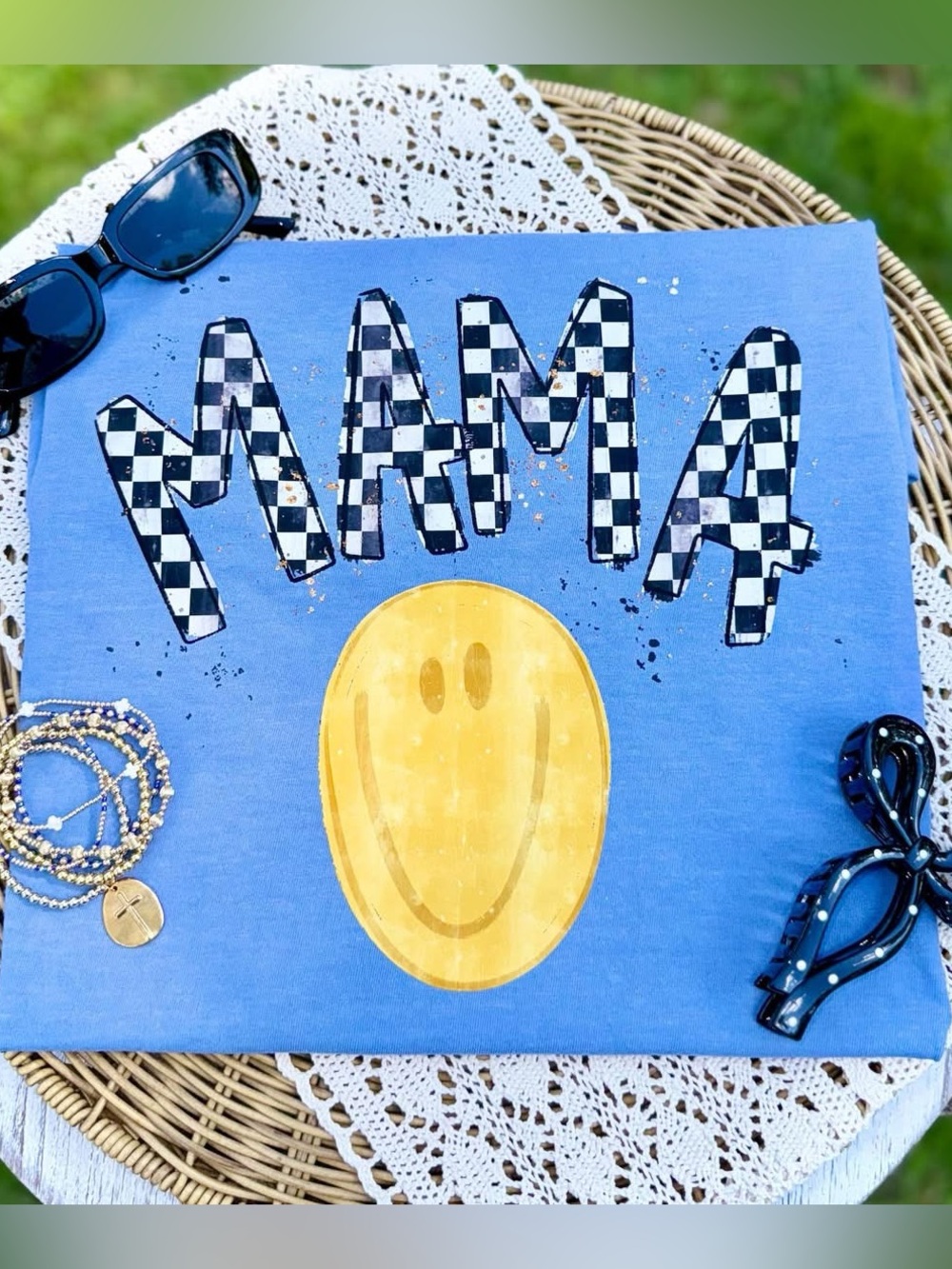 Blue 'MAMA' Graphic Tee with Checkered Letters and Yellow Smiley Small-XL